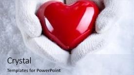  Presentation with white snow - Presentation theme having female hands in white knitted mittens with a glossy red heart on a snow background love and st valentine concept background and a light blue colored foreground