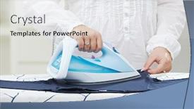  Presentation with ironing - Slide set with female hands ironing t-shirt on ironing board background and a white colored foreground