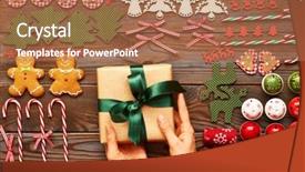  Presentation with gingerbread - PPT layouts consisting of female hands over christmas gift and homemade gingerbread cookie with handmade decoration on wooden background background and a coral colored foreground