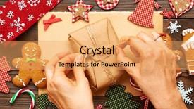  Presentation with gingerbread - Audience pleasing slides consisting of female hands over christmas gift and homemade gingerbread cookie with handmade decoration on wooden background backdrop and a yellow colored foreground