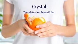  Presentation with orange - Slide deck having fructose - female hands peeling orange closeup background and a sky blue colored foreground