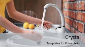  Presentation with water cup - Presentation design consisting of female hands pouring water background and a light gray colored foreground