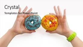  Presentation with donuts - PPT theme consisting of female hands through the holes on a white background are holding glazed donuts background and a white colored foreground
