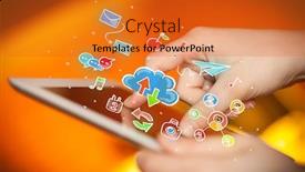  Presentation with colorful hands - Cool new presentation theme with female hands touching tablet with colorful social media icons backdrop and a gold colored foreground