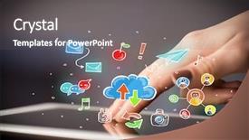  Presentation with colorful hands - Beautiful PPT theme featuring female hands touching tablet with colorful social media icons backdrop and a gray colored foreground