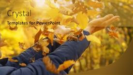  Presentation with autumn leaves falling - Presentation design with female-hands-try-to-catch and a yellow colored foreground