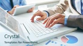  Presentation with laptop - Cool new slide set with female hands typing on laptop backdrop and a  colored foreground