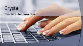  Presentation with hands of anonymous hackers typing - Beautiful PPT layouts featuring female hands typing on laptot backdrop and a light gray colored foreground