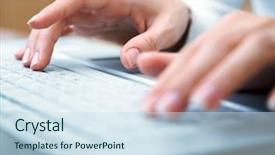  Presentation with laptop - Audience pleasing theme consisting of female hands typing backdrop and a sky blue colored foreground