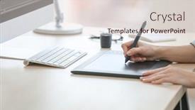  Presentation with graphic - Cool new PPT theme with female hands using graphic tablet in office backdrop and a lemonade colored foreground