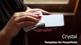  Presentation with disinfectant - Presentation design consisting of female-hands-wiping-mobile-phone background and a black colored foreground