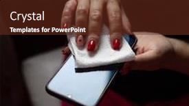  Presentation with disinfectant - Beautiful theme featuring female-hands-wiping-mobile-phone backdrop and a tawny brown colored foreground