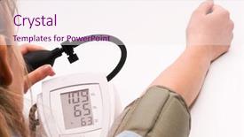  Presentation with blood pressure - Slide deck with female hands with blood-pressure background and a sky blue colored foreground