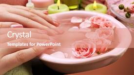  Presentation with bowl - Audience pleasing slide deck consisting of female hands with bowl of aroma spa water on wooden table closeup backdrop and a coral colored foreground