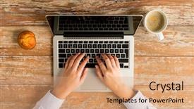  Presentation with technology education - Beautiful slides featuring female hands with laptop computer backdrop and a coral colored foreground