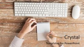  Presentation with education technology - PPT layouts having female hands with notebook pencil background and a coral colored foreground