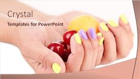  Presentation with colorful hands - Amazing slides having female hands with stylish colorful nails holding ripe berries and fruit isolated on white backdrop and a lemonade colored foreground