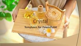  Presentation with spa salon - Audience pleasing presentation consisting of female hands with tray of spa products at spa salon backdrop and a yellow colored foreground