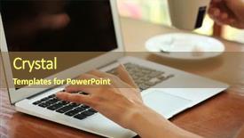  Presentation with laptop - Audience pleasing presentation design consisting of female hands working on laptop backdrop and a  colored foreground