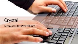  Presentation with keyboard - Beautiful PPT theme featuring female hands writing on computer backdrop and a coral colored foreground