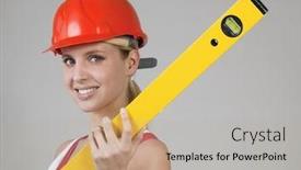  Presentation with gray - Colorful PPT theme enhanced with female-handworker-with-level-isolated backdrop and a mint green colored foreground