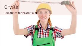  Presentation with handyman - Presentation design featuring female handyman in overalls isolated on white background and a lemonade colored foreground