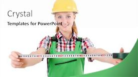  Presentation with handyman - Presentation theme with female handyman in overalls isolated on white background and a white colored foreground