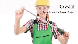  Presentation with handyman - Amazing PPT layouts having female handyman in overalls isolated on white backdrop and a white colored foreground