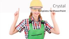  Presentation with handyman - Slide deck with female-handyman-in-overalls-isolated background and a sky blue colored foreground