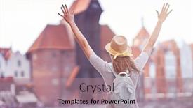  Presentation with tourist - Beautiful PPT theme featuring female-happy-tourist-sightseeing-gdansk backdrop and a coral colored foreground