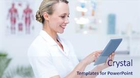  Presentation with medical procedure simulation using blood - Theme having female healthcare - smiling doctor using tablet background and a sky blue colored foreground