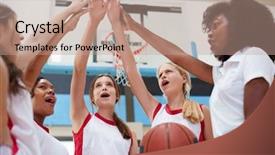  Presentation with coach - PPT theme enhanced with female high school basketball players background and a coral colored foreground