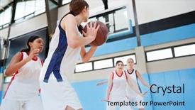  Presentation with basketball female - Beautiful slide deck featuring female high school basketball team backdrop and a light blue colored foreground