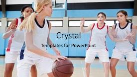  Presentation with basketball female - Amazing slide set having female high school basketball team backdrop and a light blue colored foreground