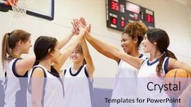  Presentation with school sports - Beautiful slide set featuring female high school basketball team backdrop and a light blue colored foreground