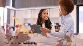  Presentation with high technology - PPT theme enhanced with female-high-school-teacher background and a coral colored foreground