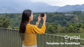  Presentation with mountain view - PPT theme having female-hiker-capturing-mountain-view background and a tawny brown colored foreground