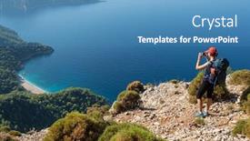  Presentation with walking trail - Presentation theme having female-hiker-making-photo background and a teal colored foreground