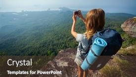  Presentation with female - Presentation theme enhanced with female hiker taking picture of the valley from top of the hill background and a tawny brown colored foreground