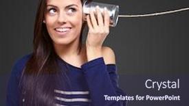  Presentation with black female - Slides enhanced with female holding a metal tin as a telephone on a black background background and a navy blue colored foreground