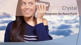  Presentation with telephone - Colorful presentation design enhanced with female holding a metal tin as a telephone outdoor backdrop and a coral colored foreground