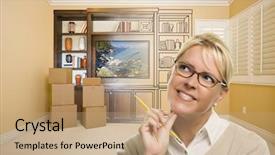  Presentation with entertainment - Slide set with female holding pencil in room with moving boxes and drawing of entertainment unit on wall background and a coral colored foreground