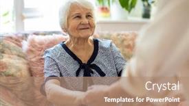  Presentation with home care - Colorful PPT theme enhanced with female-home-carer-supporting-old backdrop and a coral colored foreground