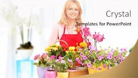  Presentation with flower pots - Audience pleasing PPT theme consisting of female-horticulturist-standing-with-flower backdrop and a white colored foreground