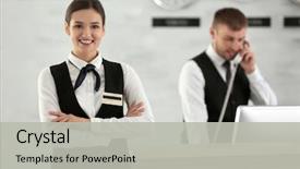  Presentation with receptionist - Colorful PPT theme enhanced with female hotel receptionist at workplace backdrop and a light gray colored foreground