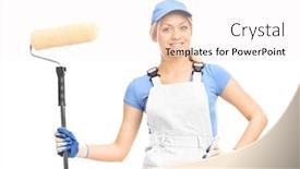  Presentation with paint roller - Slide deck enhanced with female house painter in a white uniform posing with a paint roller isolated on white background background and a white colored foreground