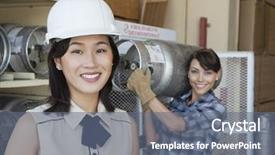 Presentation with cylinder - Beautiful slide deck featuring female industrial worker carrying propane backdrop and a  colored foreground