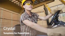  Presentation with forklift - PPT layouts with female industrial worker driving forklift background and a coral colored foreground