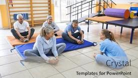  Presentation with rehab - Presentation design having female-instructor-assisting-happy-senior background and a light gray colored foreground