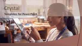  Presentation with studio - Presentation design having female-jeweller-comparing-ring background and a coral colored foreground